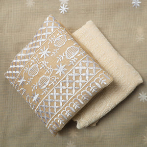 Beige - 3pc Kota Doria Cotton Embroidered Suit Material Set 12