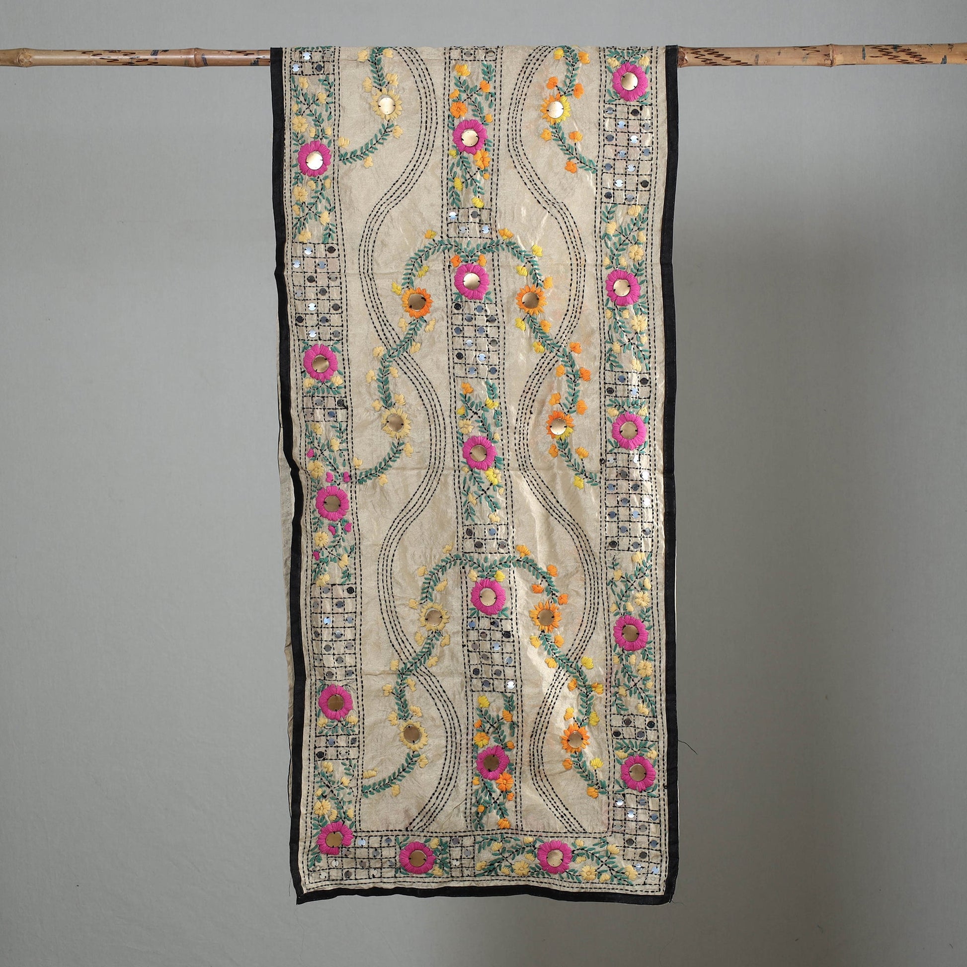 Black - Ranihati Chapa Work Phulkari Embroidery Chanderi Silk Stole