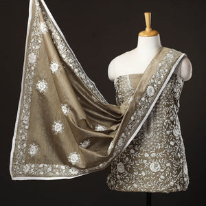 Brown - 3pc Hand Embroidery Silk Cotton Phulkari Dress Material 22