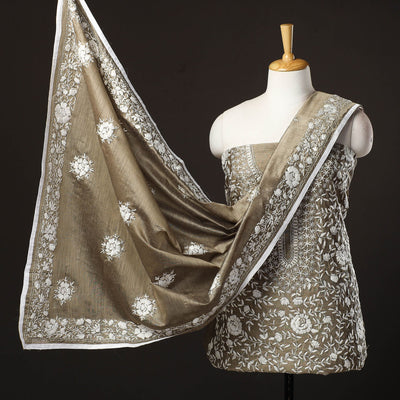 Brown - 3pc Hand Embroidery Silk Cotton Phulkari Dress Material 22