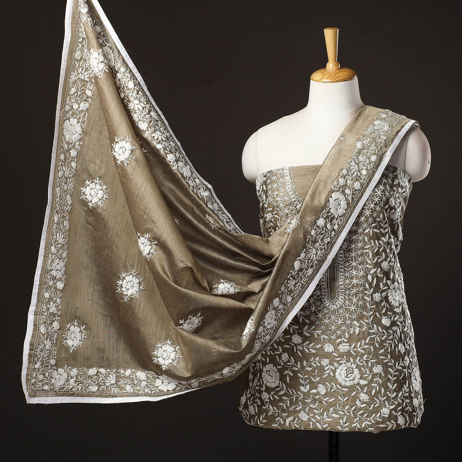 Brown - 3pc Hand Embroidery Silk Cotton Phulkari Dress Material 22