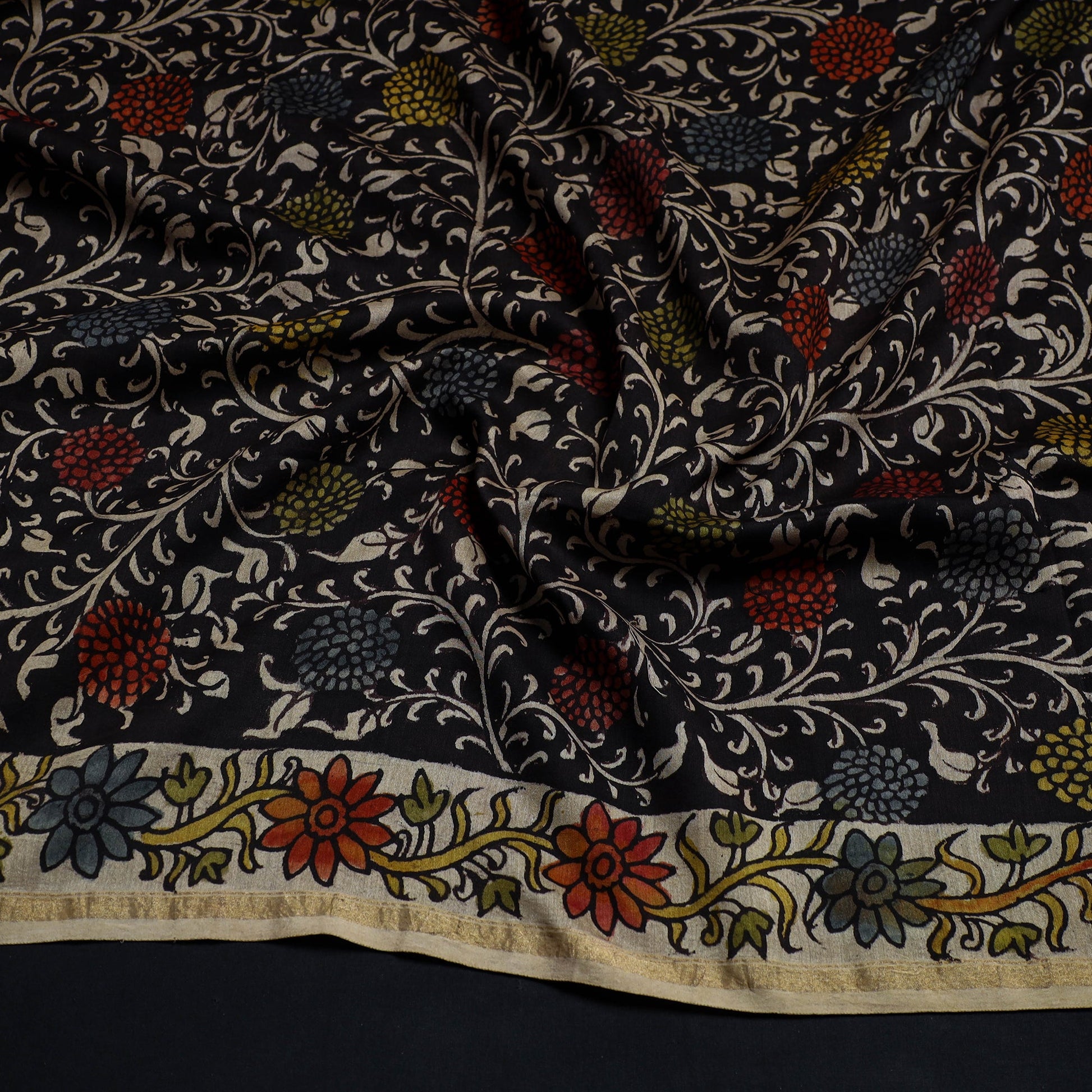 Black - Handpainted Chanderi Silk Kalamkari Blouse Piece 46