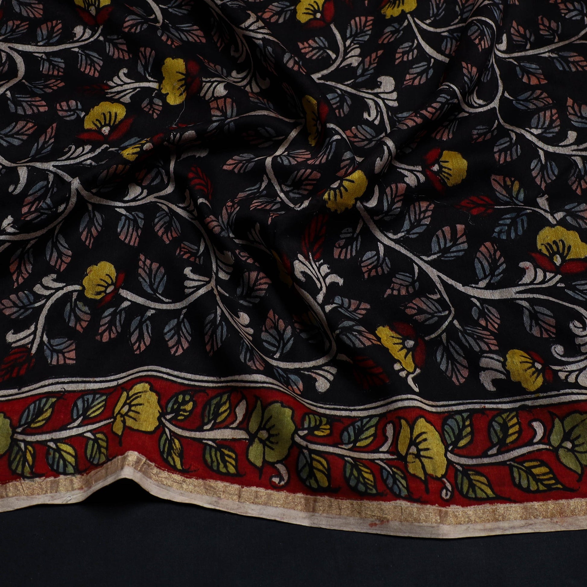 Black - Handpainted Chanderi Silk Kalamkari Blouse Piece 39