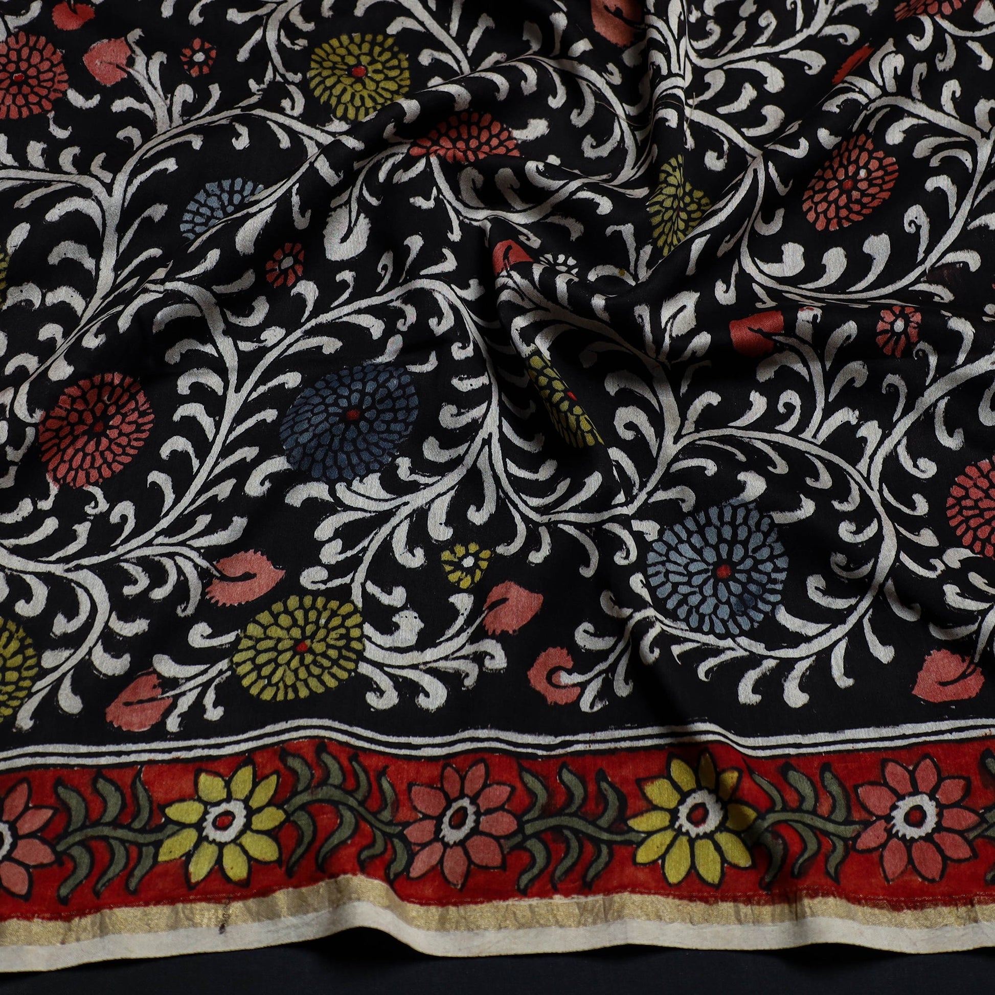 Black - Handpainted Chanderi Silk Kalamkari Blouse Piece 37