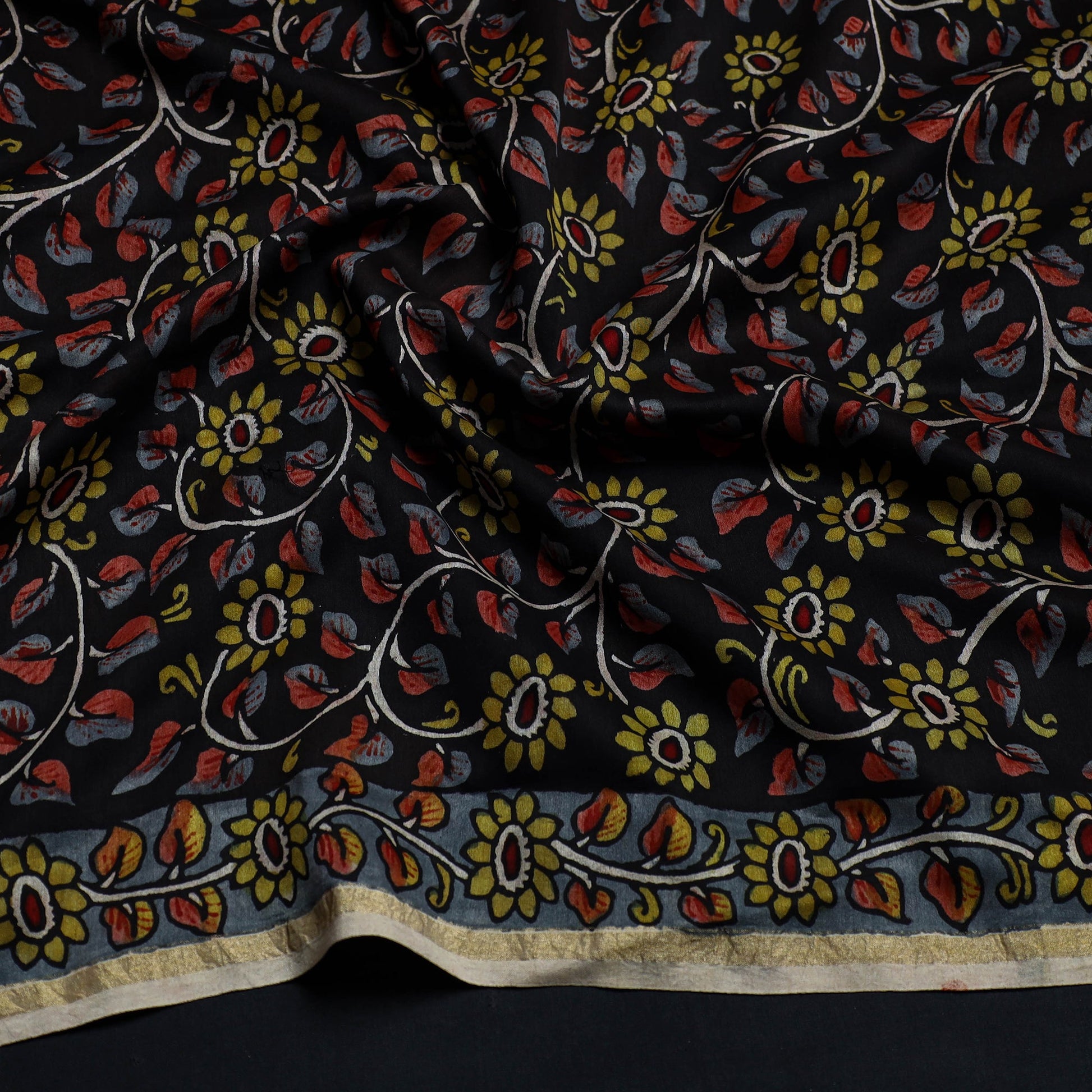 Black - Handpainted Chanderi Silk Kalamkari Blouse Piece 27