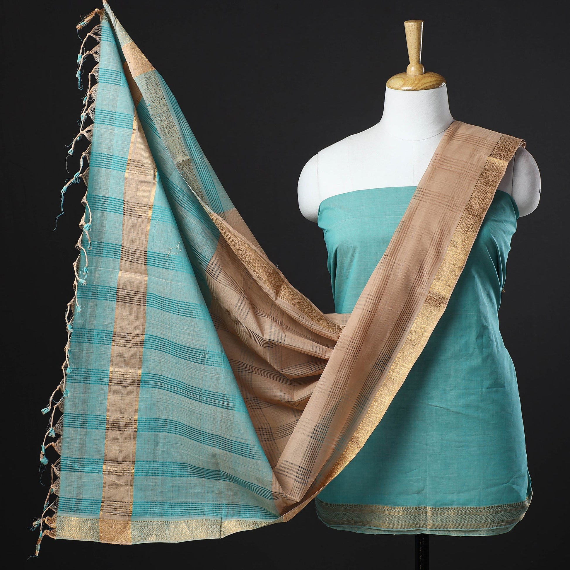 Aqua Blue - 3pc Handloom Cotton Mangalagiri Dress Material 02