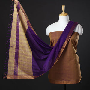 Brown - 3pc Handloom Cotton Mangalagiri Dress Material 13