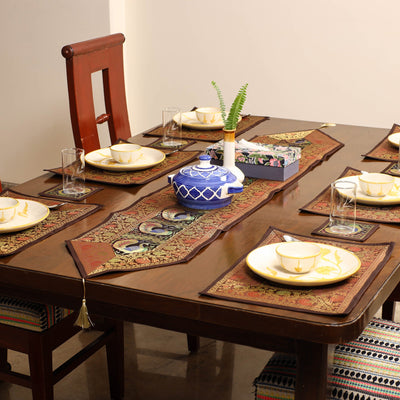Brown - Banarasi Silk Brocade 13pc Dining Table Runner Set 02