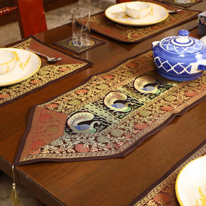 Brown - Banarasi Silk Brocade 13pc Dining Table Runner Set 02