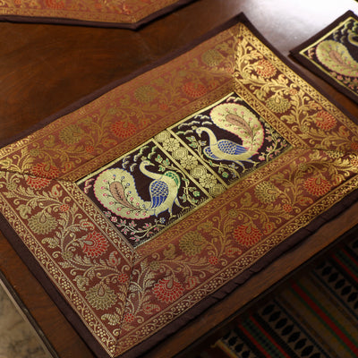 Brown - Banarasi Silk Brocade 13pc Dining Table Runner Set 02