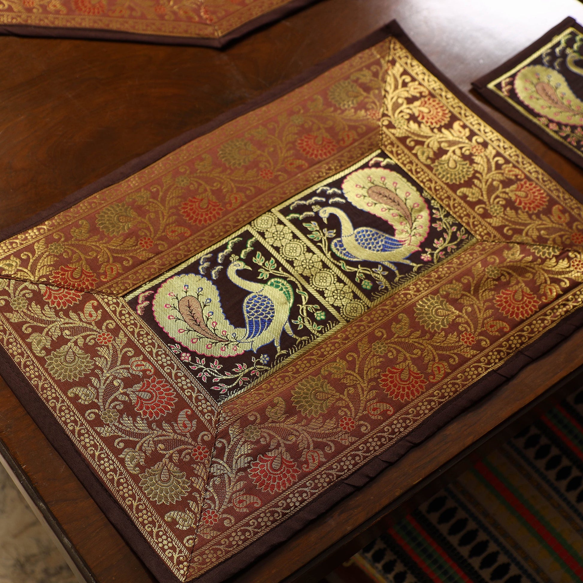 Brown - Banarasi Silk Brocade 13pc Dining Table Runner Set 02