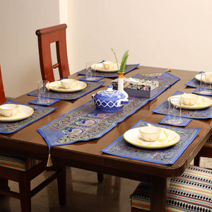 Blue - Banarasi Silk Brocade 13pc Dining Table Runner Set 04