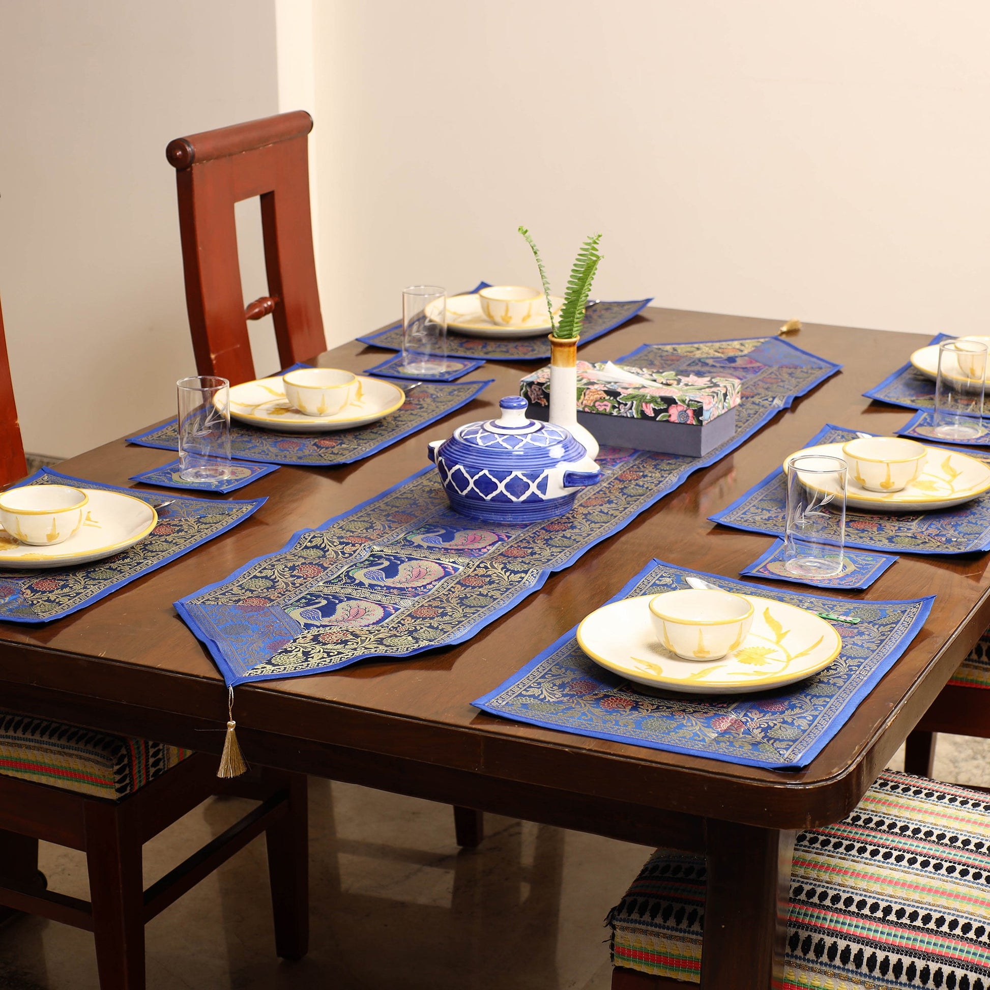 Blue - Banarasi Silk Brocade 13pc Dining Table Runner Set 04