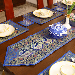 Blue - Banarasi Silk Brocade 13pc Dining Table Runner Set 04