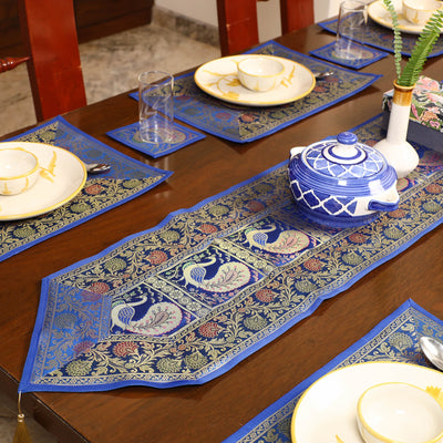 Blue - Banarasi Silk Brocade 13pc Dining Table Runner Set 04