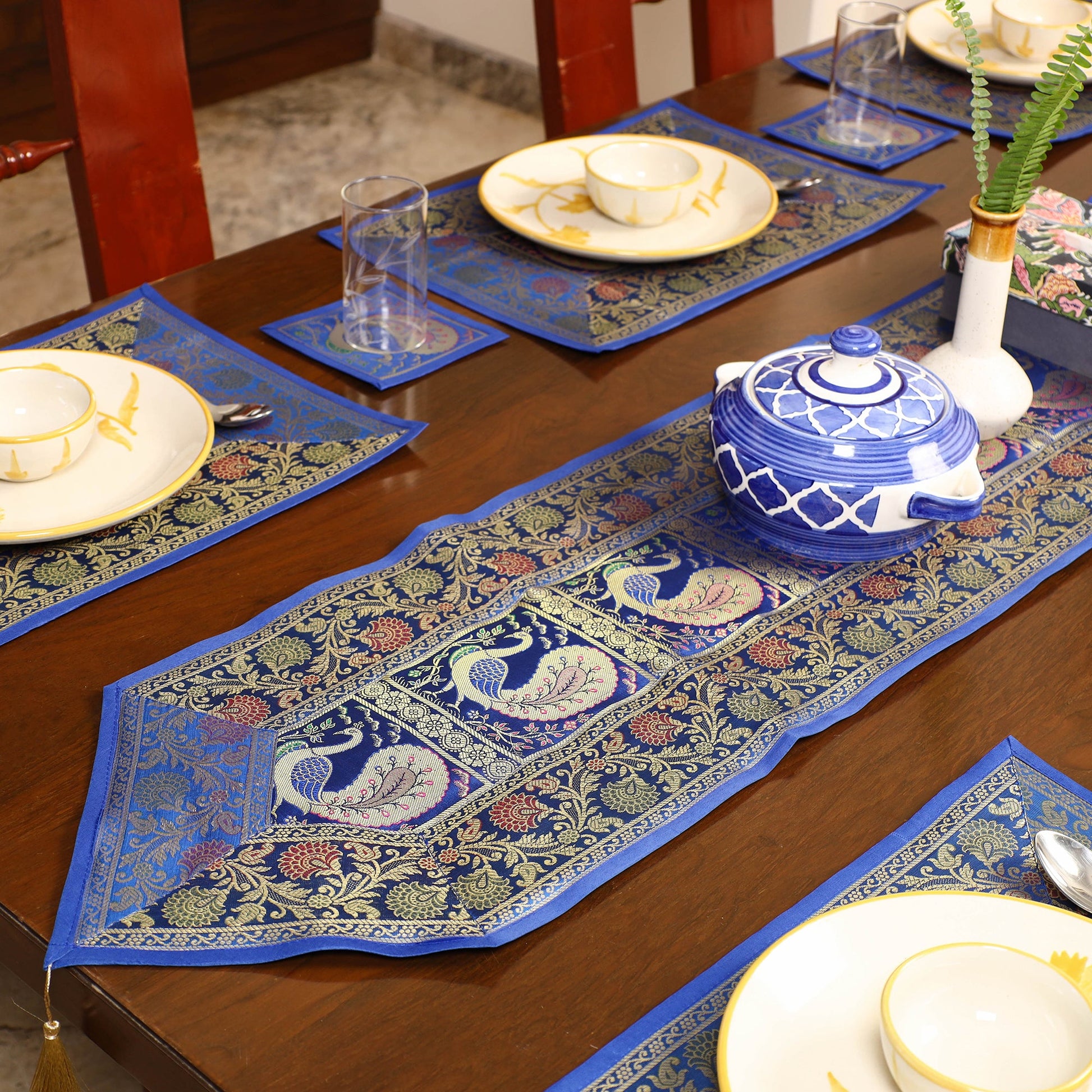 Blue - Banarasi Silk Brocade 13pc Dining Table Runner Set 04