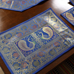 Blue - Banarasi Silk Brocade 13pc Dining Table Runner Set 04