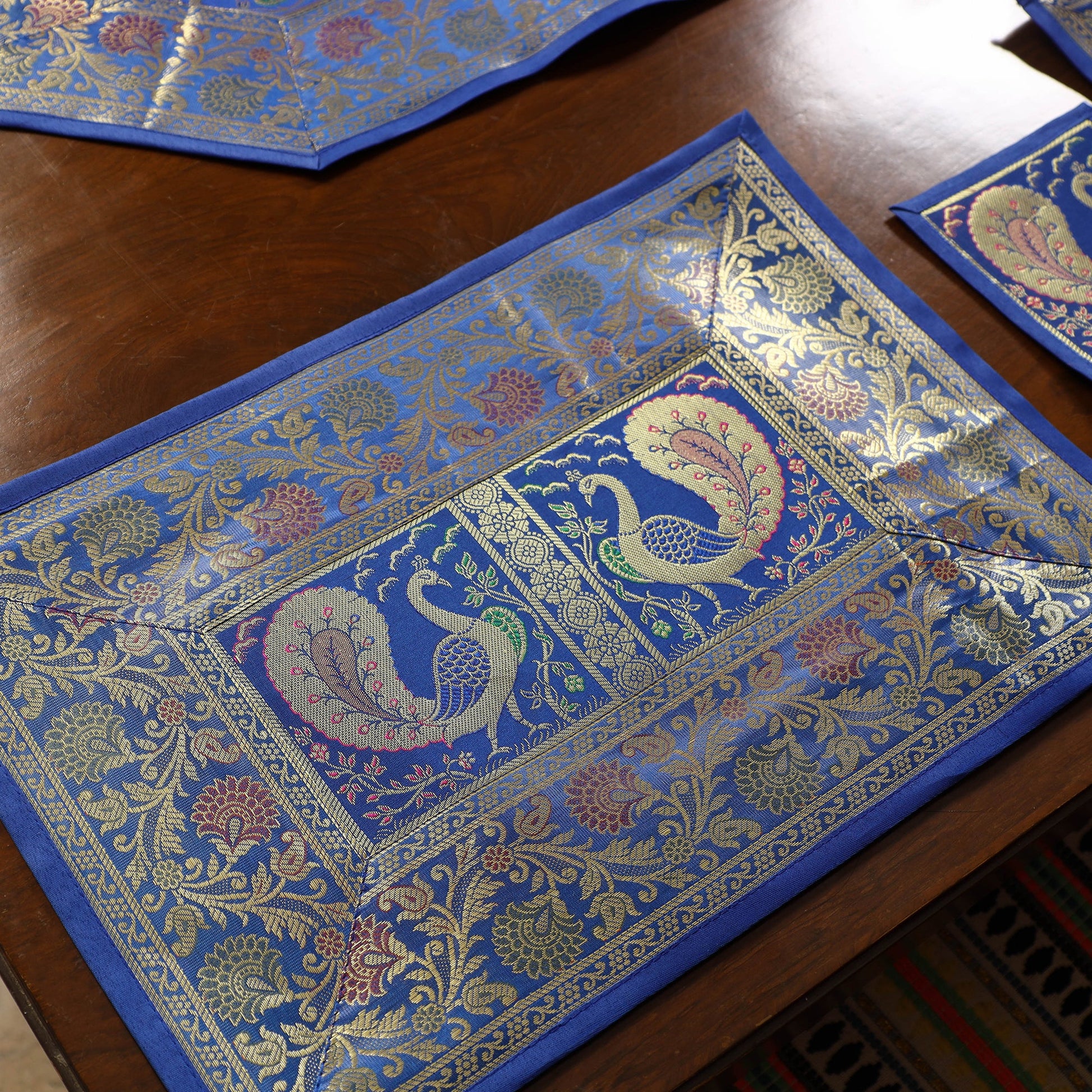 Blue - Banarasi Silk Brocade 13pc Dining Table Runner Set 04