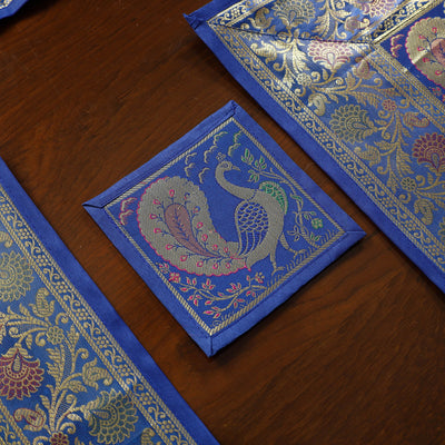 Blue - Banarasi Silk Brocade 13pc Dining Table Runner Set 04
