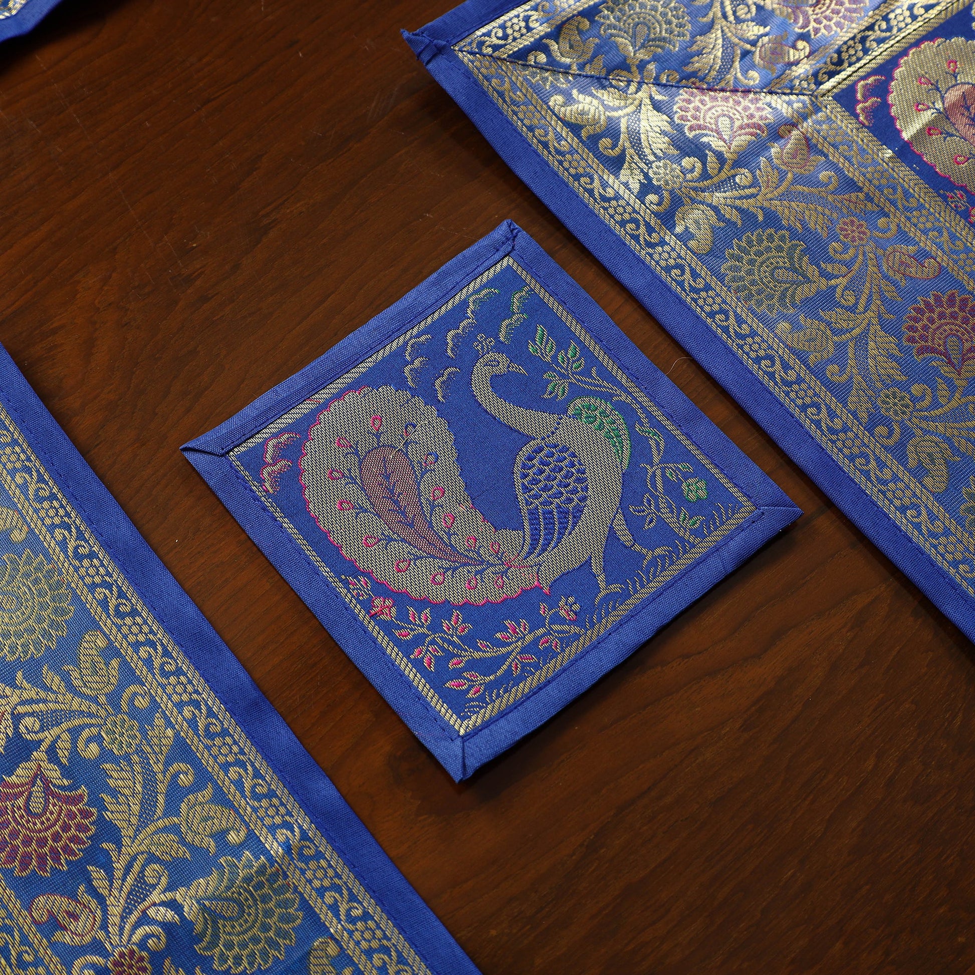 Blue - Banarasi Silk Brocade 13pc Dining Table Runner Set 04