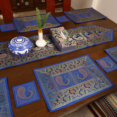 Blue - Banarasi Silk Brocade 13pc Dining Table Runner Set 04