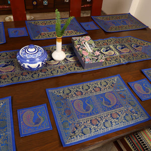 Blue - Banarasi Silk Brocade 13pc Dining Table Runner Set 04