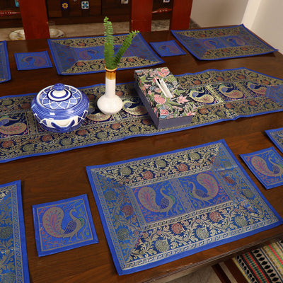 Blue - Banarasi Silk Brocade 13pc Dining Table Runner Set 04