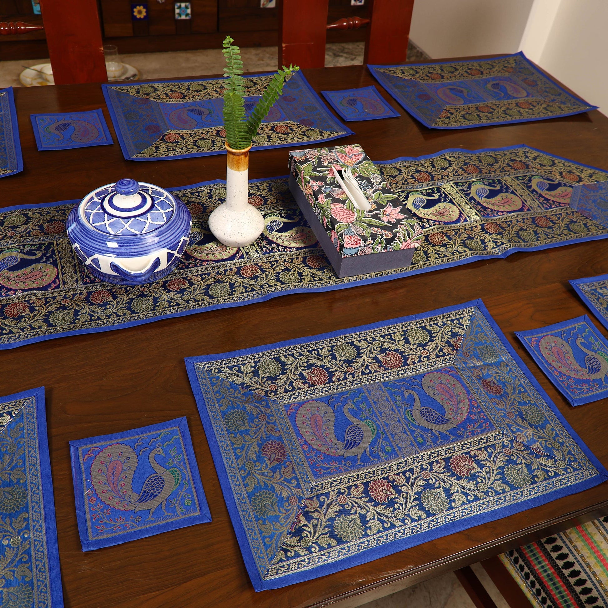 Blue - Banarasi Silk Brocade 13pc Dining Table Runner Set 04