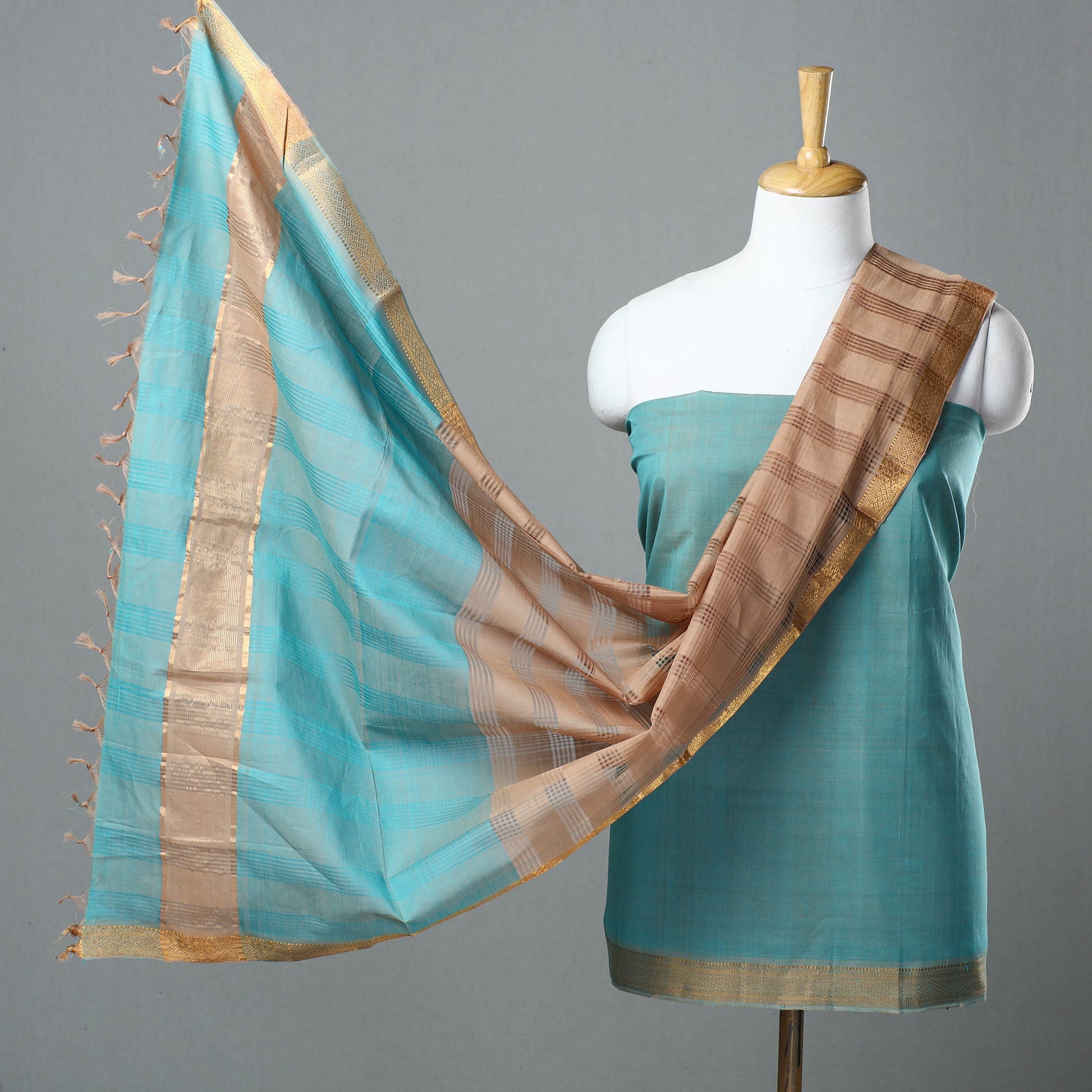 Blue - 3pc Handloom Cotton Mangalagiri Dress Material 03