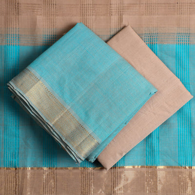 Blue - 3pc Handloom Cotton Mangalagiri Dress Material 03