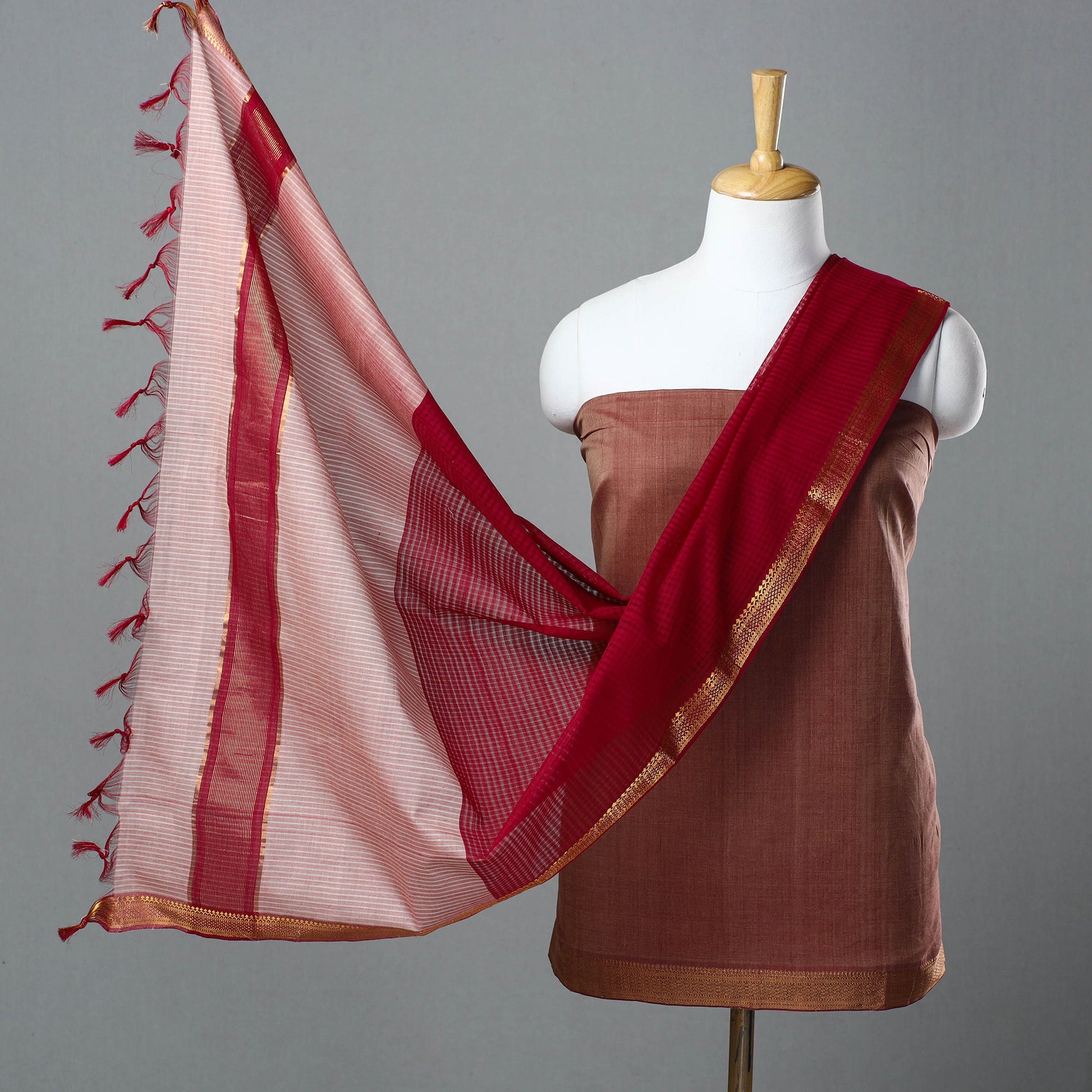 Brown - 3pc Handloom Cotton Mangalagiri Dress Material 06