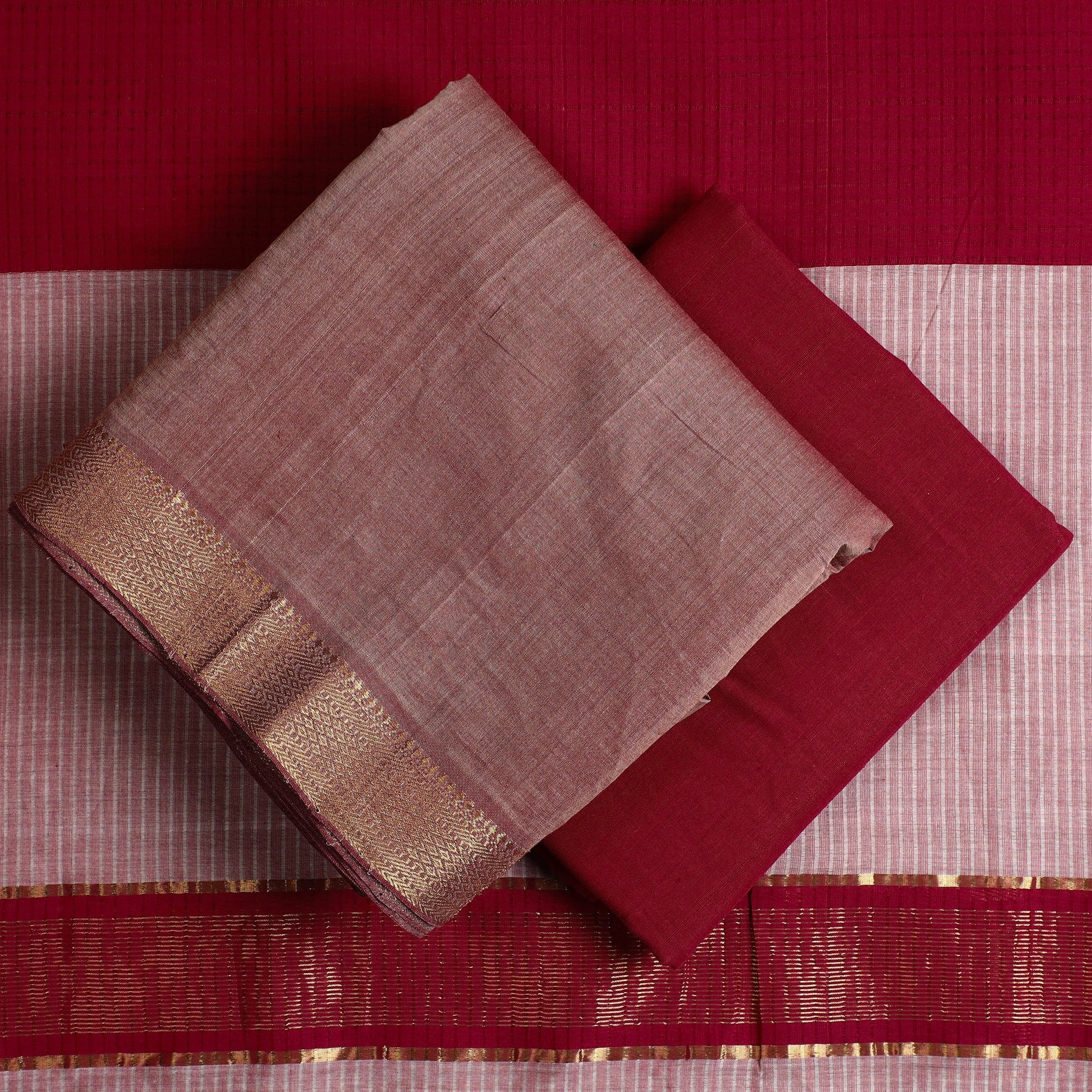 Brown - 3pc Handloom Cotton Mangalagiri Dress Material 06