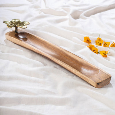 Brown - Hand Carved Natural Mahogany Wooden Tray With Dokra Holder