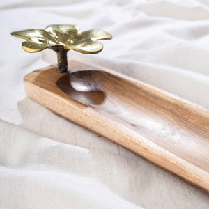 Brown - Hand Carved Natural Mahogany Wooden Tray With Dokra Holder