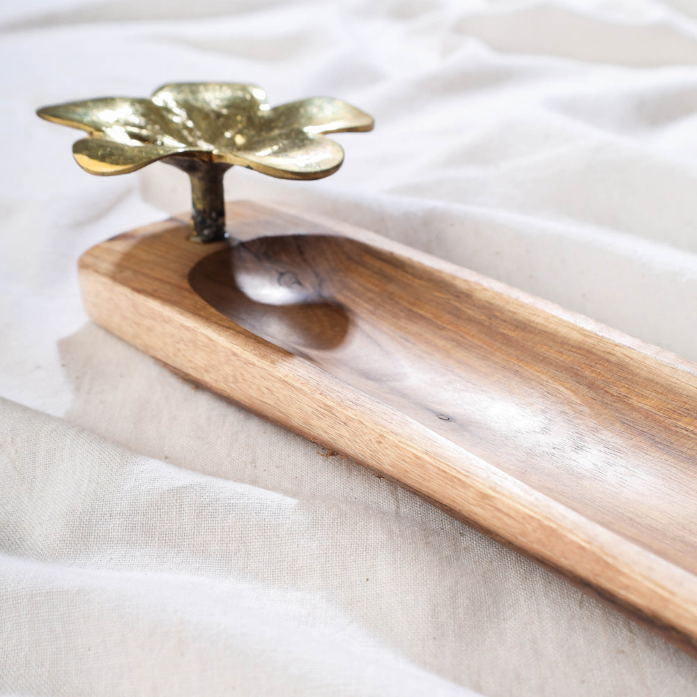 Brown - Hand Carved Natural Mahogany Wooden Tray With Dokra Holder