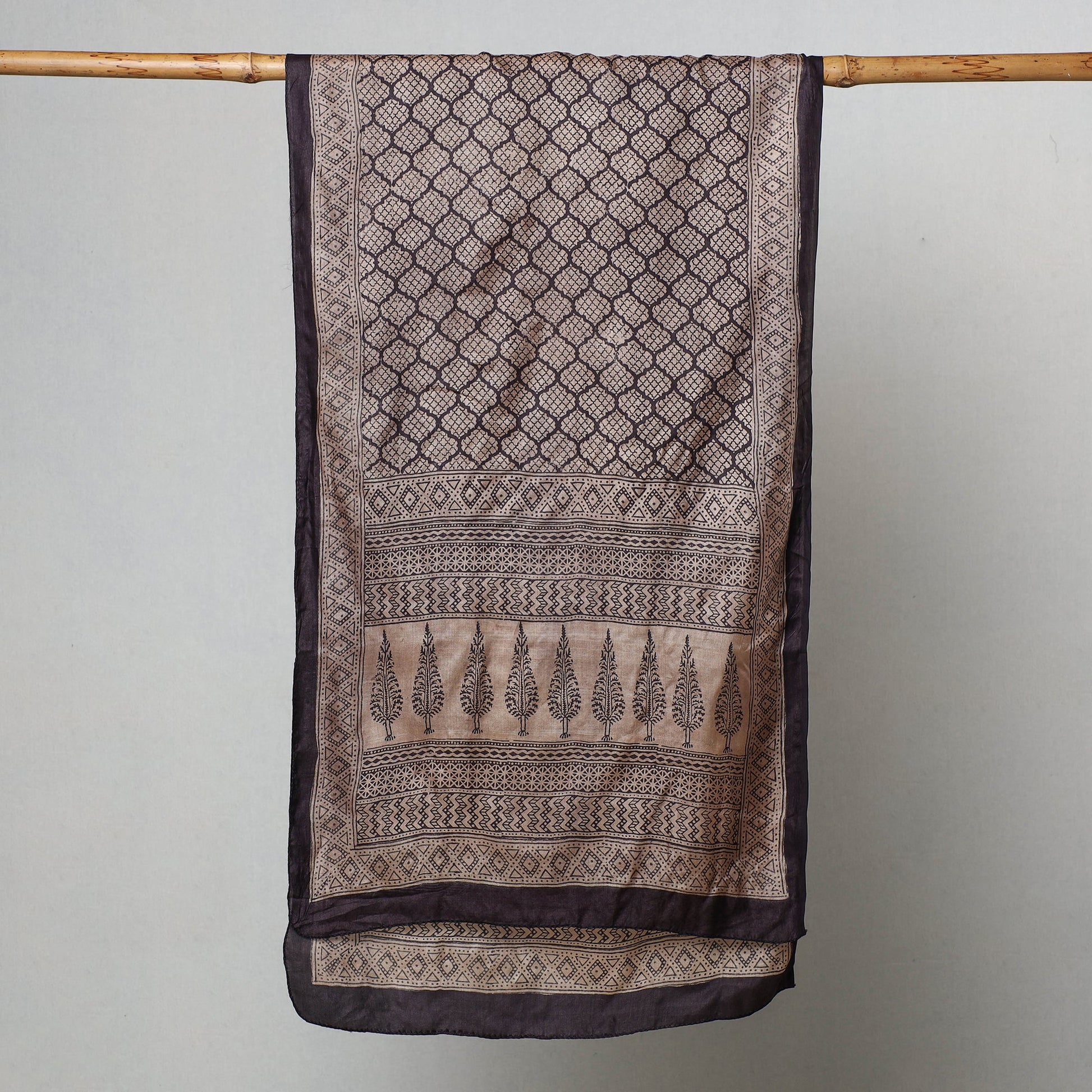 Black - Bagh Hand Block Printed Tussar Silk Stole