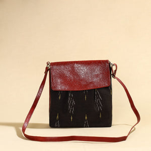 Brown - Handcrafted Ikat Fabric Sling Bag with Embossed Leather Flap