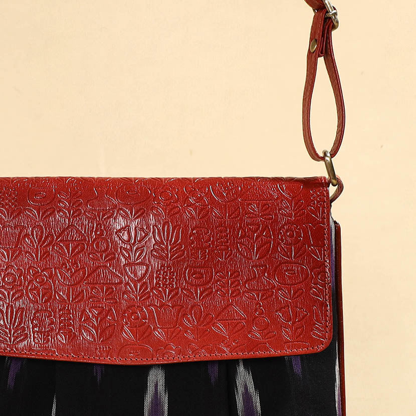 Black - Handcrafted Ikat Fabric Sling Bag with Embossed Leather Flap