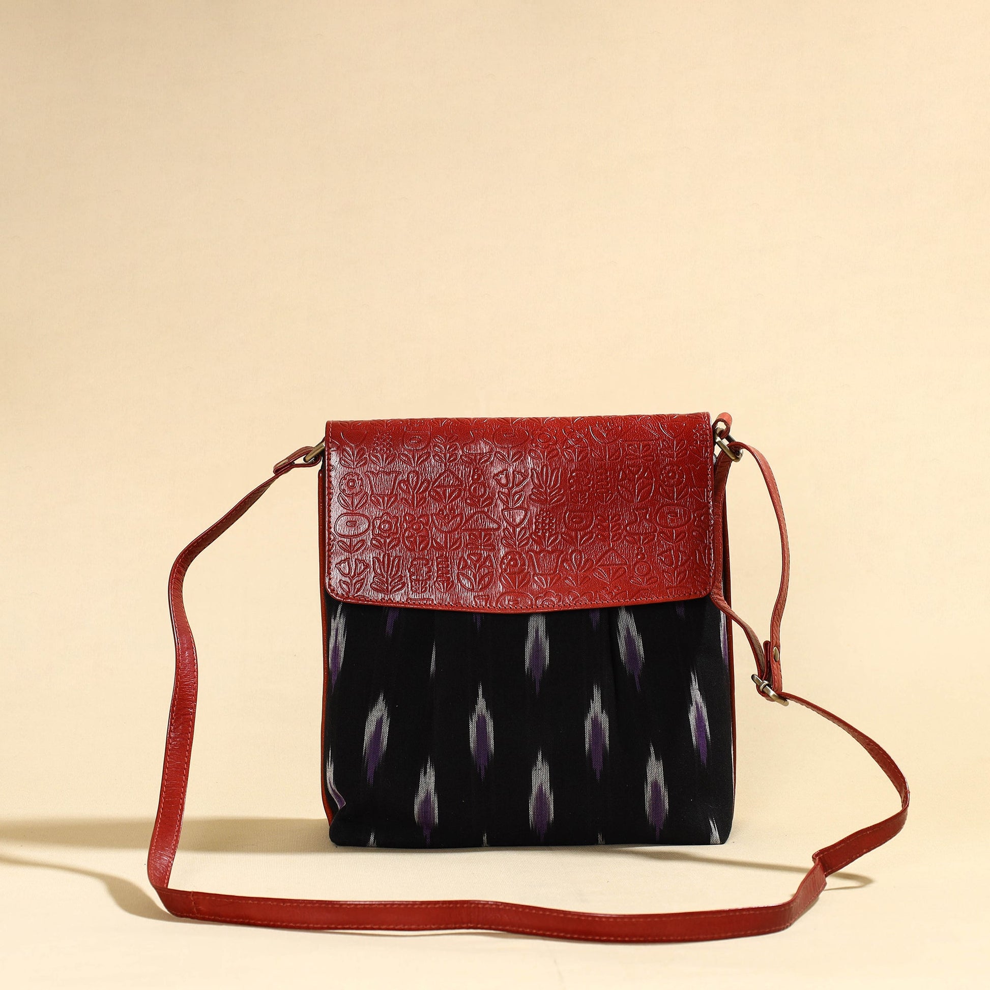 Black - Handcrafted Ikat Fabric Sling Bag with Embossed Leather Flap