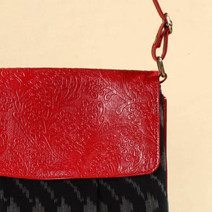 Black - Handcrafted Ikat Fabric Sling Bag with Embossed Leather Flap