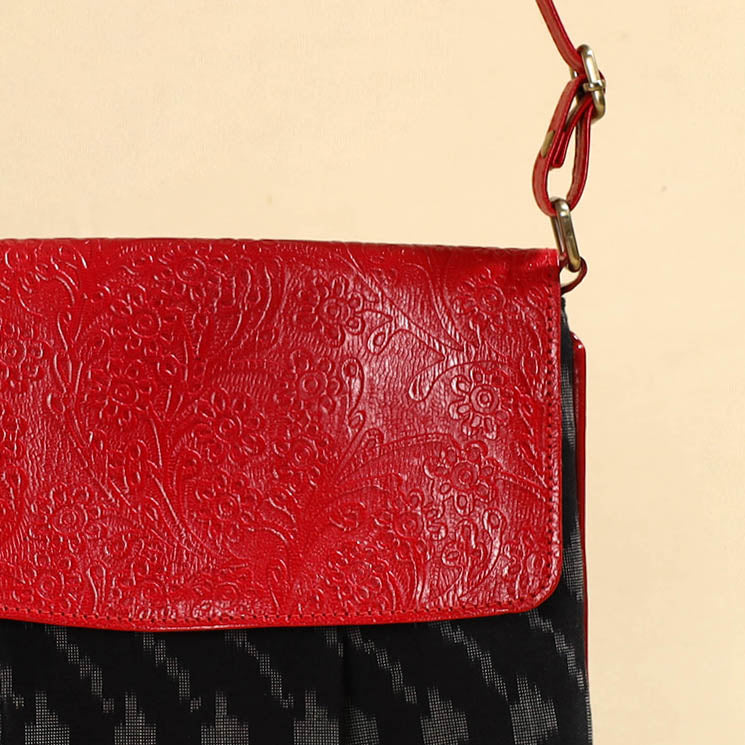 Black - Handcrafted Ikat Fabric Sling Bag with Embossed Leather Flap