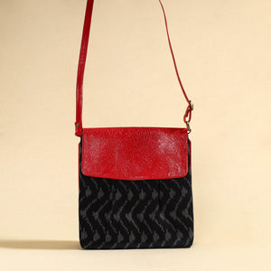 Black - Handcrafted Ikat Fabric Sling Bag with Embossed Leather Flap