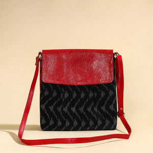 Black - Handcrafted Ikat Fabric Sling Bag with Embossed Leather Flap