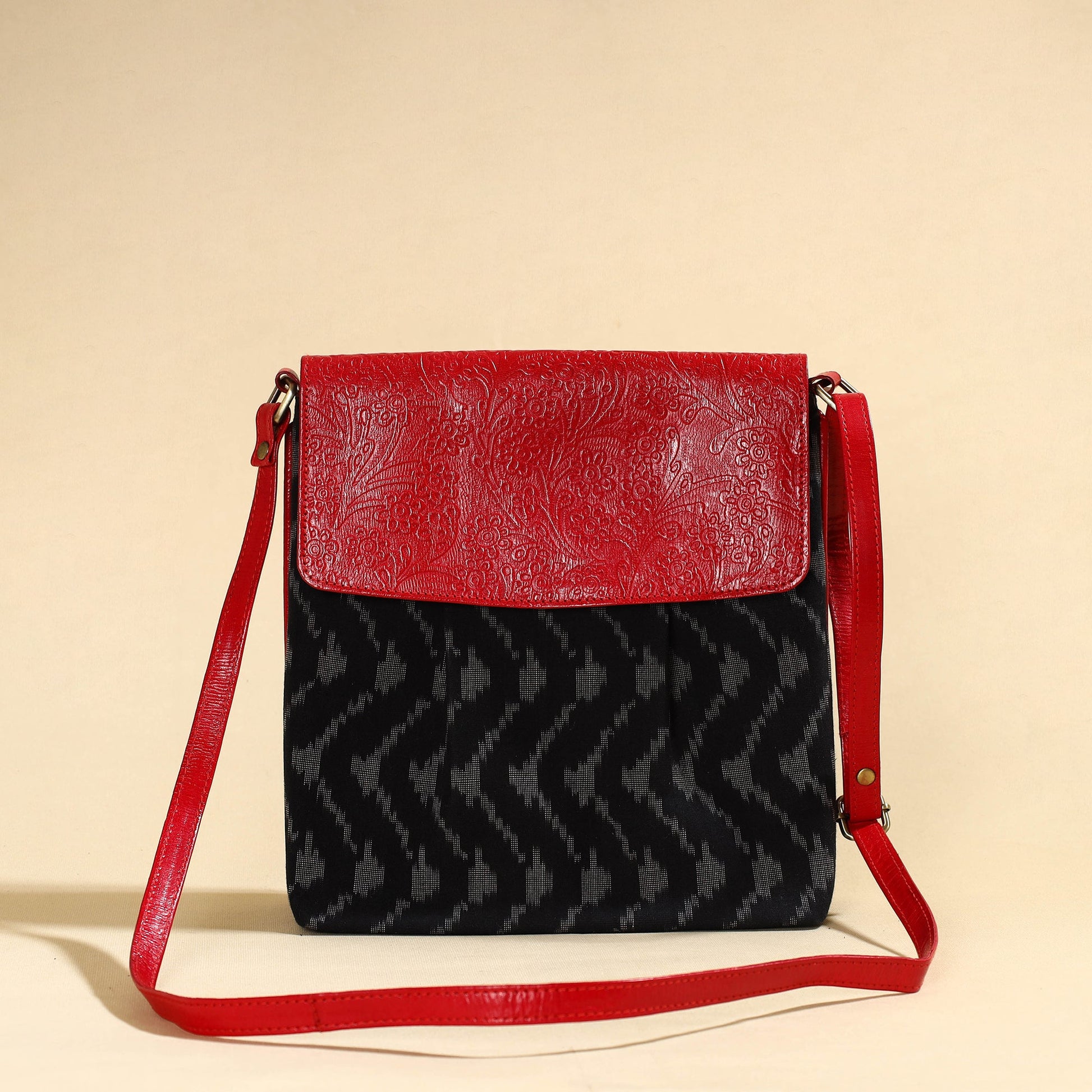 Black - Handcrafted Ikat Fabric Sling Bag with Embossed Leather Flap