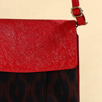 Black - Handcrafted Ikat Fabric Sling Bag with Embossed Leather Flap