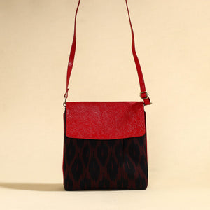 Black - Handcrafted Ikat Fabric Sling Bag with Embossed Leather Flap