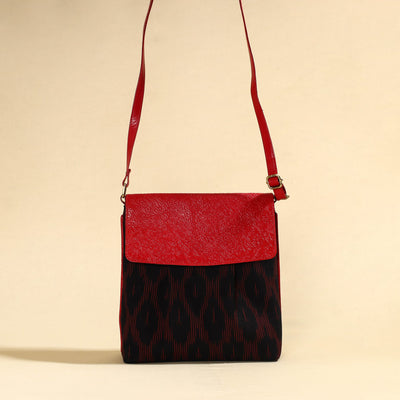 Black - Handcrafted Ikat Fabric Sling Bag with Embossed Leather Flap