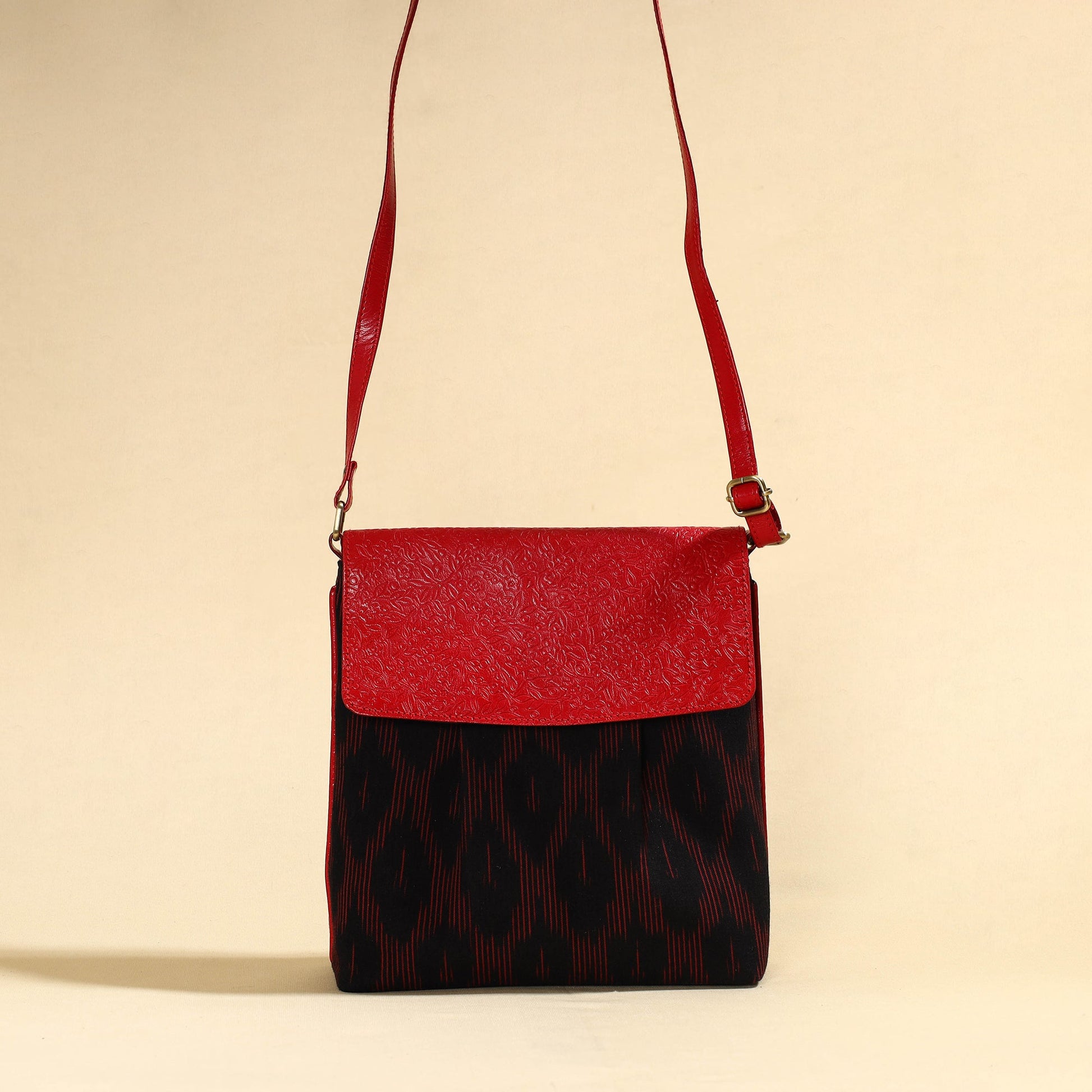 Black - Handcrafted Ikat Fabric Sling Bag with Embossed Leather Flap