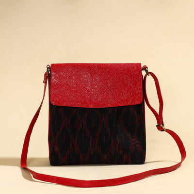 Black - Handcrafted Ikat Fabric Sling Bag with Embossed Leather Flap