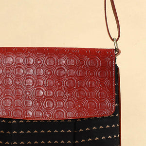 Black - Handcrafted Jacquard Fabric Sling Bag with Embossed Leather Flap